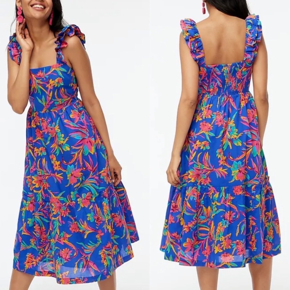 J. Crew Factory Square Neck Floral Tropical Midi Dress in Blue Dark Peon